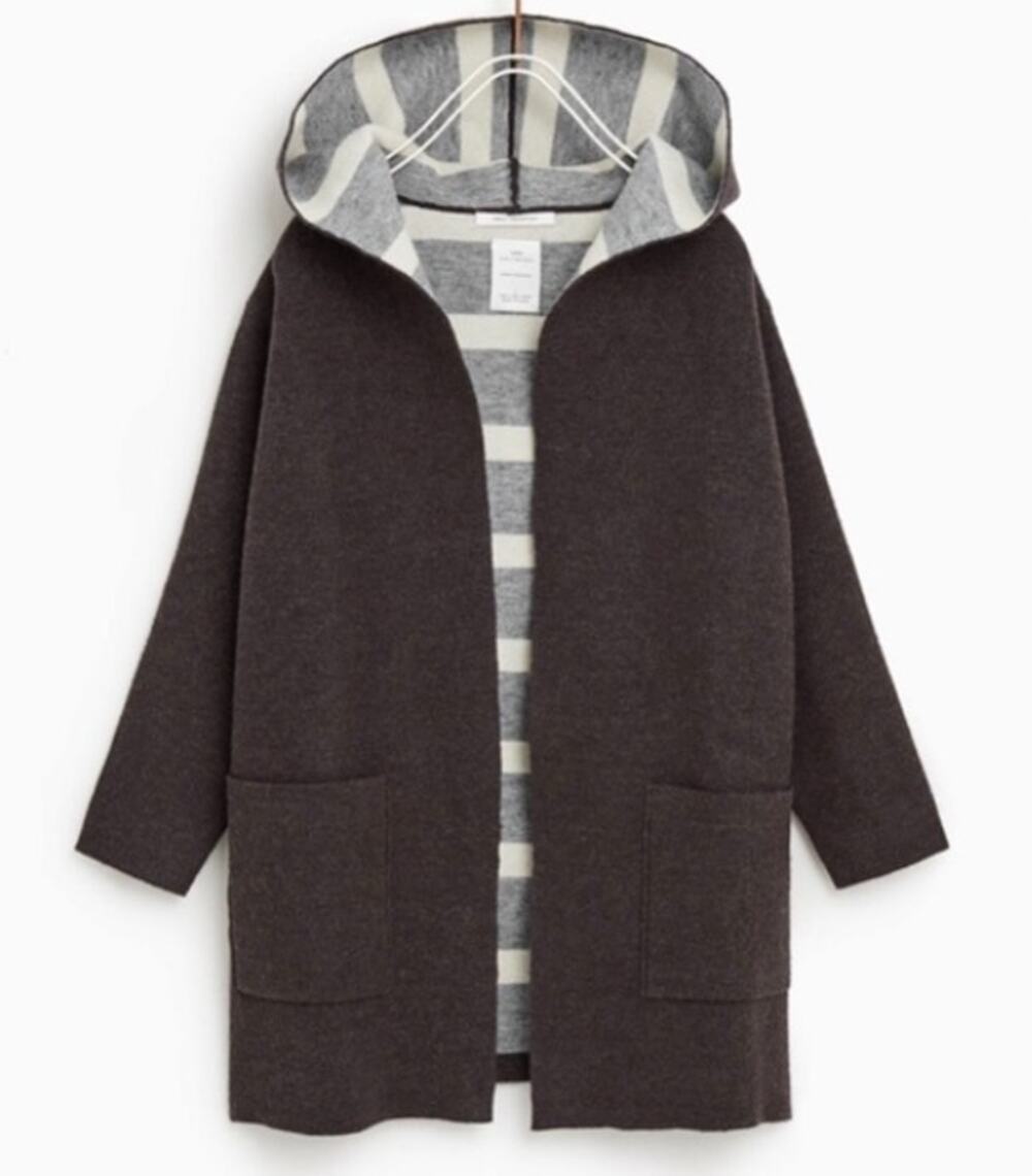 NEW! Zara Knitwear Striped Open Front Cardigan with Hood in GRAY (10)